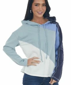 Umgee Tops Arctic Blue Colorblock Reverse Seam Hooded Top