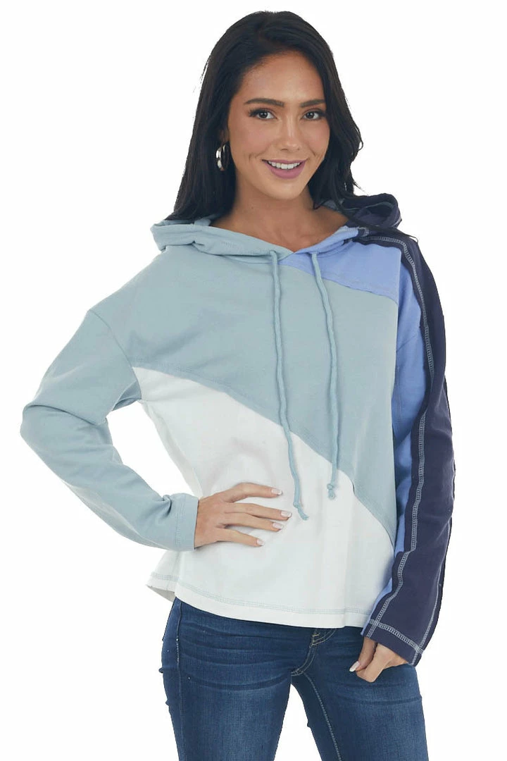 Umgee Tops Arctic Blue Colorblock Reverse Seam Hooded Top 3 Umgee Tops Arctic Blue Colorblock Reverse Seam Hooded Top