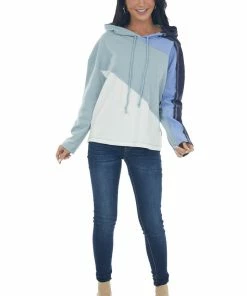 Umgee Tops Arctic Blue Colorblock Reverse Seam Hooded Top 20 Umgee Tops Arctic Blue Colorblock Reverse Seam Hooded Top