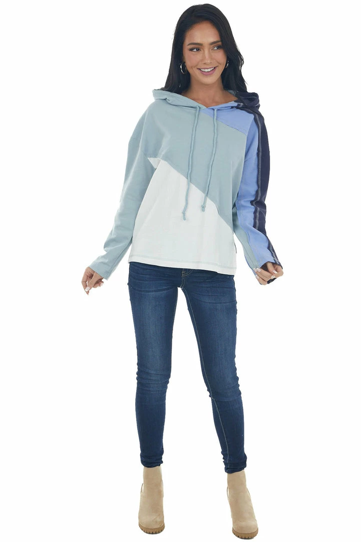 Umgee Tops Arctic Blue Colorblock Reverse Seam Hooded Top 5 Umgee Tops Arctic Blue Colorblock Reverse Seam Hooded Top