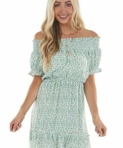 Umgee Arctic Blue Ditsy Floral Off Shoulder Dress