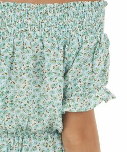 Umgee Arctic Blue Ditsy Floral Off Shoulder Dress