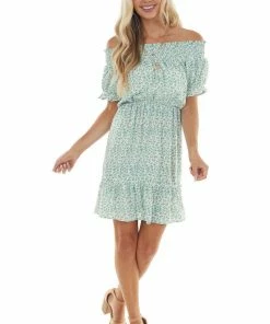 Umgee Arctic Blue Ditsy Floral Off Shoulder Dress