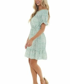 Umgee Arctic Blue Ditsy Floral Off Shoulder Dress