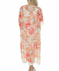 HESED Arctic Blue Floral Print Duster Kimono Tops