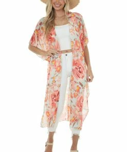 HESED Arctic Blue Floral Print Duster Kimono Tops