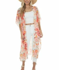 HESED Arctic Blue Floral Print Duster Kimono Tops