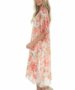 HESED Arctic Blue Floral Print Duster Kimono Tops