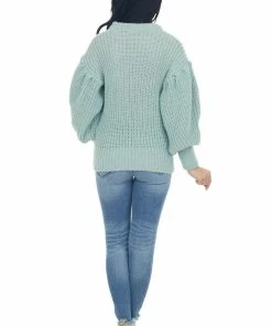 GeeGee Arctic Blue Puff Sleeve Thick Knit Sweater Tops