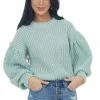 GeeGee Arctic Blue Puff Sleeve Thick Knit Sweater Tops