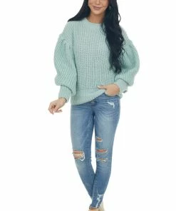 GeeGee Arctic Blue Puff Sleeve Thick Knit Sweater Tops