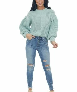 GeeGee Arctic Blue Puff Sleeve Thick Knit Sweater Tops