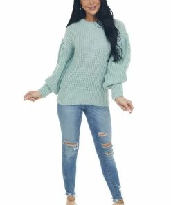 GeeGee Arctic Blue Puff Sleeve Thick Knit Sweater Tops