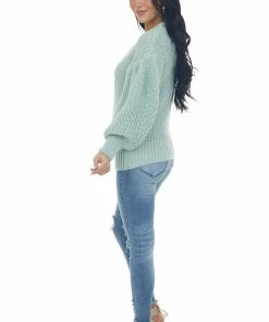 GeeGee Arctic Blue Puff Sleeve Thick Knit Sweater Tops
