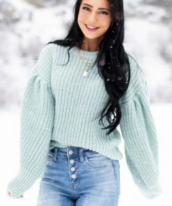 GeeGee Arctic Blue Puff Sleeve Thick Knit Sweater Tops