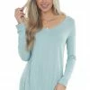 ZENANA Arctic Blue Rounded Hem V Neck Soft Knit Top