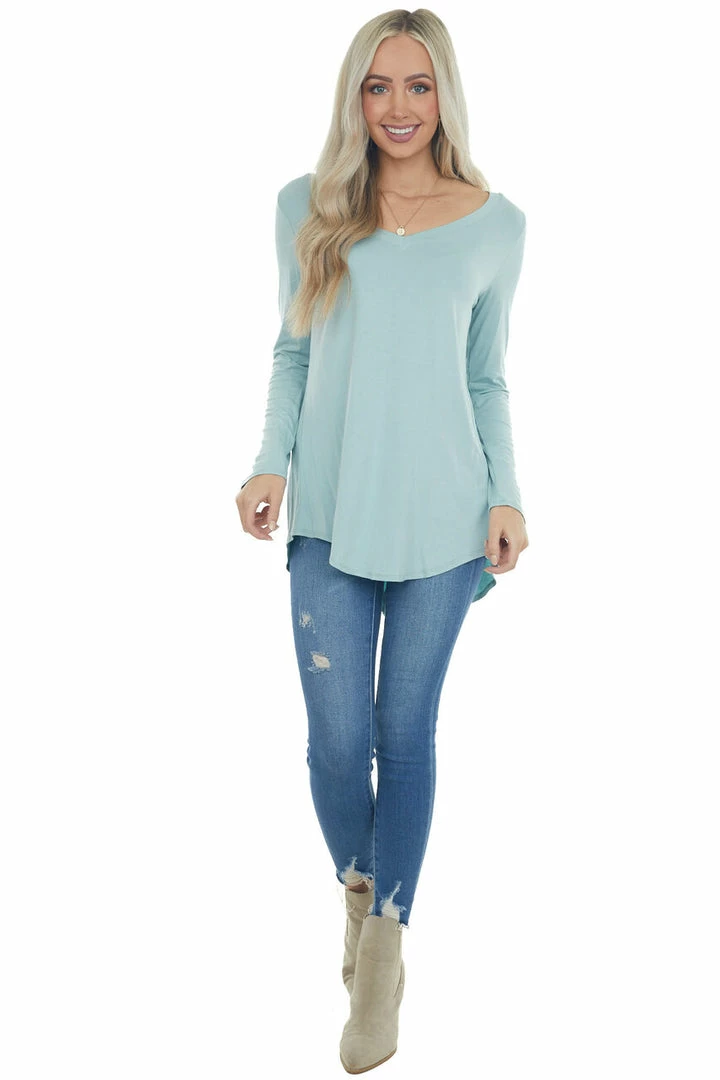 ZENANA Arctic Blue Rounded Hem V Neck Soft Knit Top 6 ZENANA Arctic Blue Rounded Hem V Neck Soft Knit Top