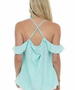 Umgee Arctic Blue Ruffle Cold Shoulder Knit Tank Top 12 Umgee Arctic Blue Ruffle Cold Shoulder Knit Tank Top