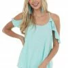 Umgee Arctic Blue Ruffle Cold Shoulder Knit Tank Top