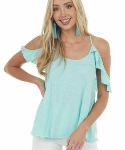 Umgee Arctic Blue Ruffle Cold Shoulder Knit Tank Top