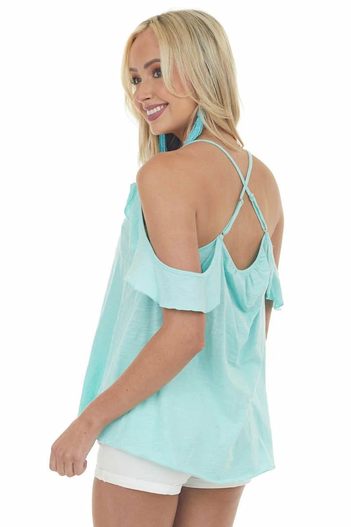 Umgee Arctic Blue Ruffle Cold Shoulder Knit Tank Top 6 Umgee Arctic Blue Ruffle Cold Shoulder Knit Tank Top