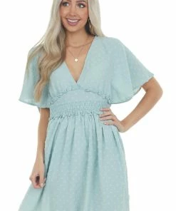 Umgee Arctic Blue Swiss Dot Smocked Waist Mini Dress