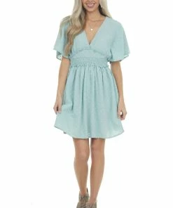 Umgee Arctic Blue Swiss Dot Smocked Waist Mini Dress