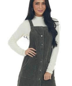 She + Sky Dresses Army Green Button Down Corduroy Overall Dress