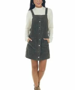 She + Sky Dresses Army Green Button Down Corduroy Overall Dress