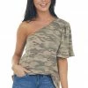 Vine & Love Army Green Camo Print One Shoulder Knit Top Tops