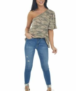 Vine & Love Army Green Camo Print One Shoulder Knit Top Tops
