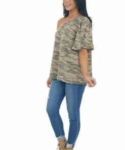 Vine & Love Army Green Camo Print One Shoulder Knit Top Tops