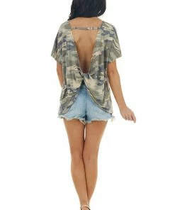 HEIMISH Army Green Camo Print Open Back Knit Top With Twist Detail Tops