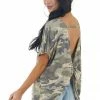 HEIMISH Army Green Camo Print Open Back Knit Top With Twist Detail Tops