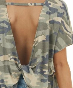 HEIMISH Army Green Camo Print Open Back Knit Top With Twist Detail Tops
