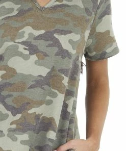 Entro Dresses Army Green Camo Print Short Sleeve V Neck Knit Mini Dress