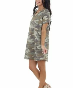 Entro Dresses Army Green Camo Print Short Sleeve V Neck Knit Mini Dress