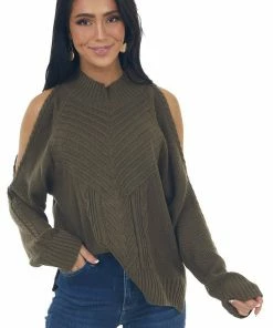 Miss Sparkling Army Green Cold Shoulder Cable Knit Sweater