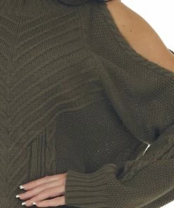 Miss Sparkling Army Green Cold Shoulder Cable Knit Sweater