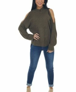 Miss Sparkling Army Green Cold Shoulder Cable Knit Sweater