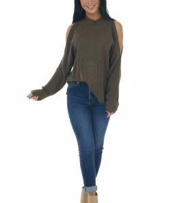 Miss Sparkling Army Green Cold Shoulder Cable Knit Sweater