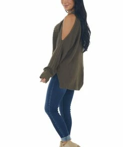 Miss Sparkling Army Green Cold Shoulder Cable Knit Sweater
