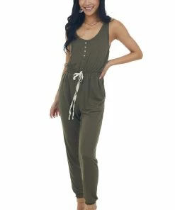 Umgee Army Green Sleeveless Elastic Waist Jumpsuit