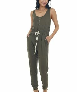Umgee Army Green Sleeveless Elastic Waist Jumpsuit 10 Umgee Army Green Sleeveless Elastic Waist Jumpsuit