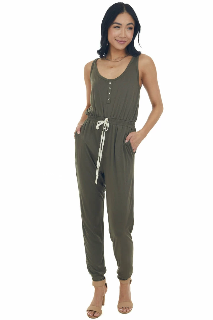 Umgee Army Green Sleeveless Elastic Waist Jumpsuit 5 Umgee Army Green Sleeveless Elastic Waist Jumpsuit