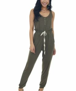 Umgee Army Green Sleeveless Elastic Waist Jumpsuit