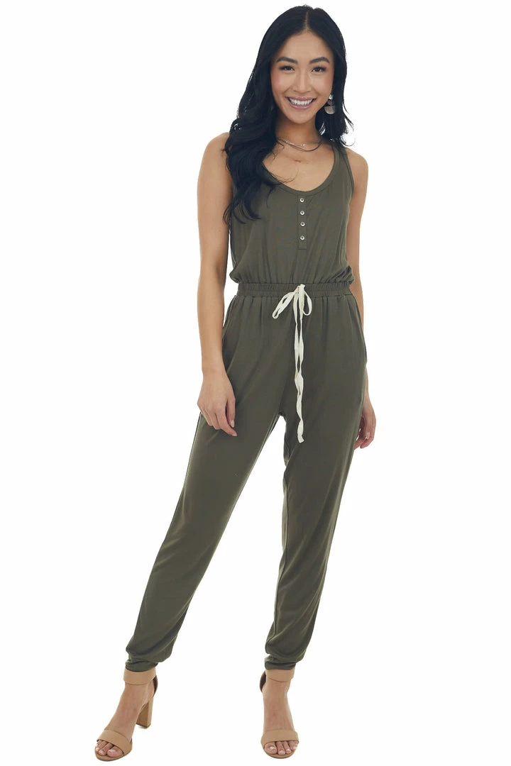 Umgee Army Green Sleeveless Elastic Waist Jumpsuit 3 Umgee Army Green Sleeveless Elastic Waist Jumpsuit