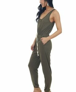 Umgee Army Green Sleeveless Elastic Waist Jumpsuit 12 Umgee Army Green Sleeveless Elastic Waist Jumpsuit