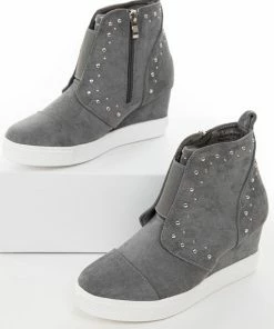 Let's See Style Shoes Ash Grey Faux Suede Wedge Sneakers With Silver Stud Details 20 Let's See Style Shoes Ash Grey Faux Suede Wedge Sneakers With Silver Stud Details