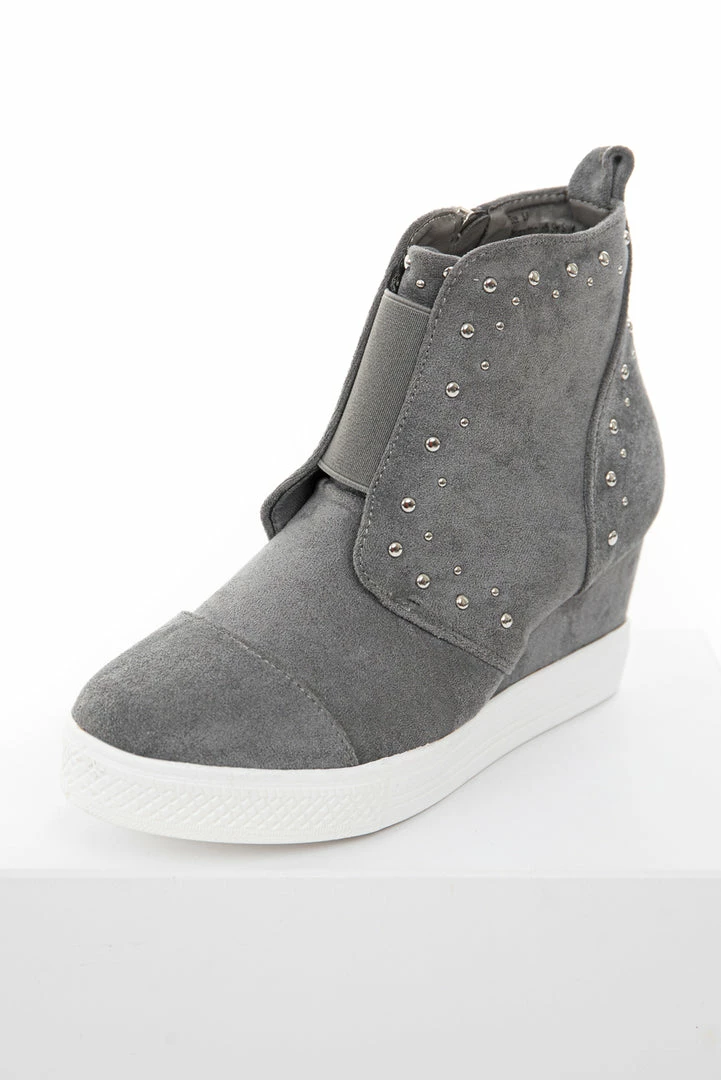 Let's See Style Shoes Ash Grey Faux Suede Wedge Sneakers With Silver Stud Details 3 Let's See Style Shoes Ash Grey Faux Suede Wedge Sneakers With Silver Stud Details